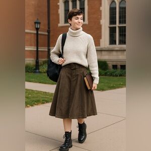 Zara Basic Brown Ramie A-Line Midi Skirt Belted High Waist Boho Utility Style S